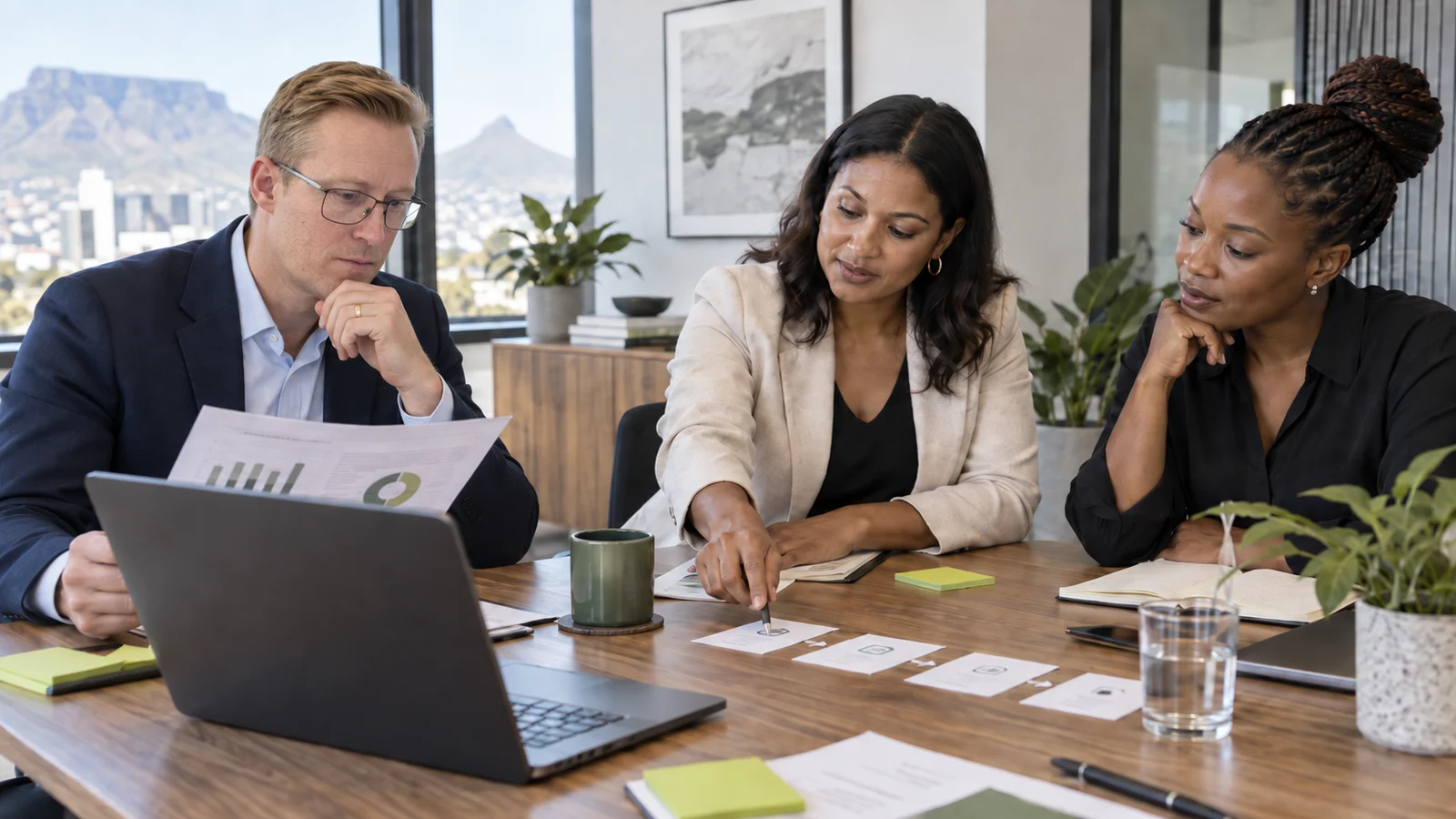 Three business professionals review reports and process cards together beside a laptop