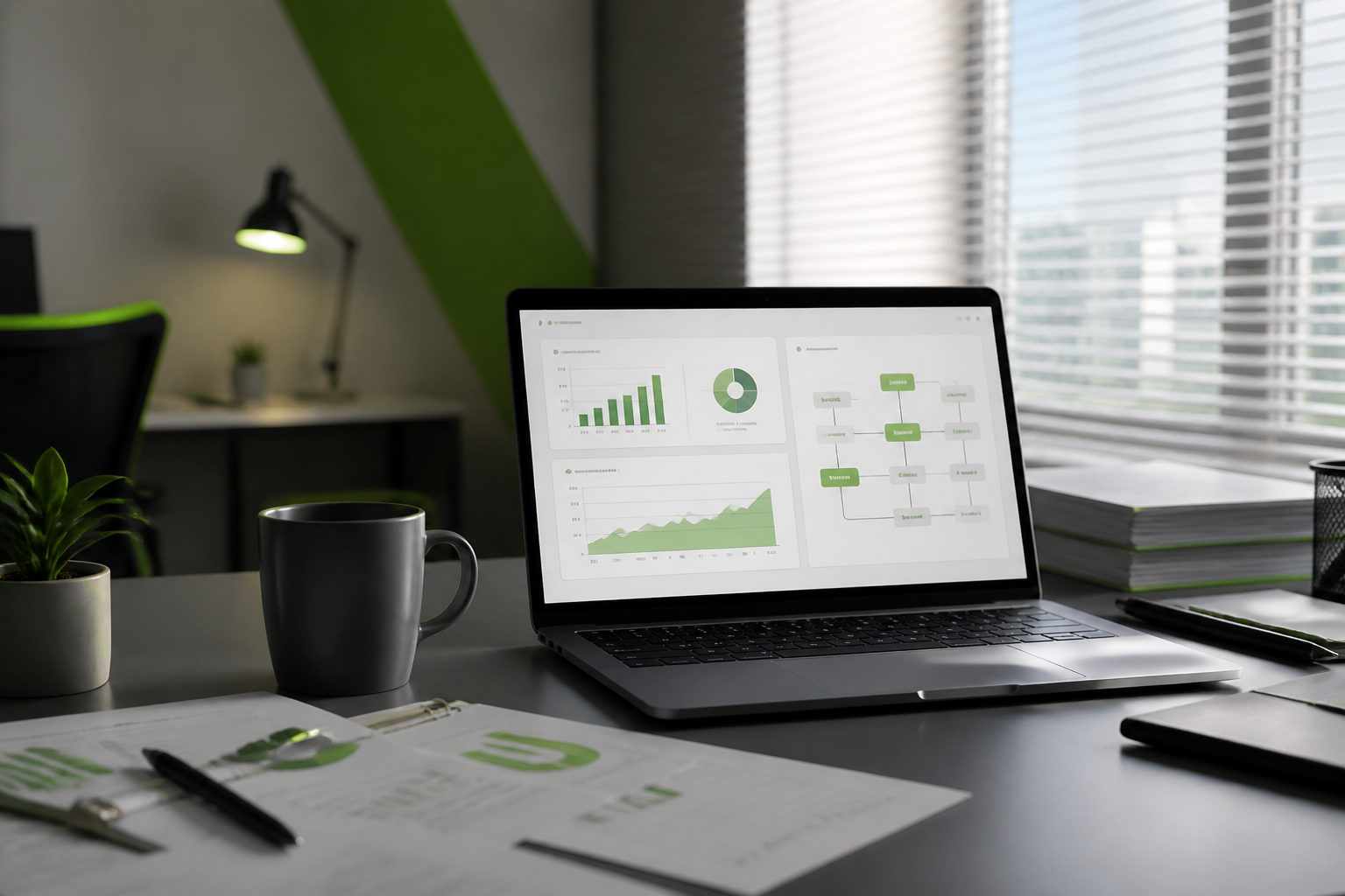 Modern finance workspace with green workflow dashboards on a laptop
