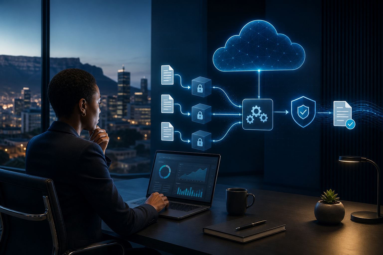 Professional reviewing a secure cloud-based compliance automation workflow