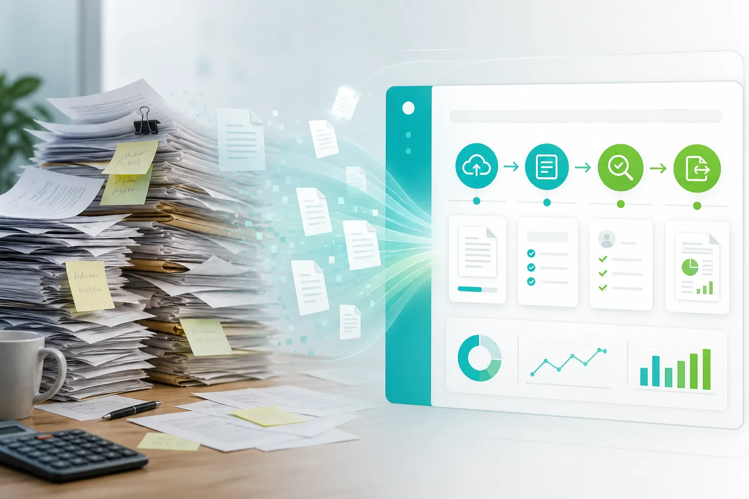 Paper invoices transforming into a structured digital AP workflow